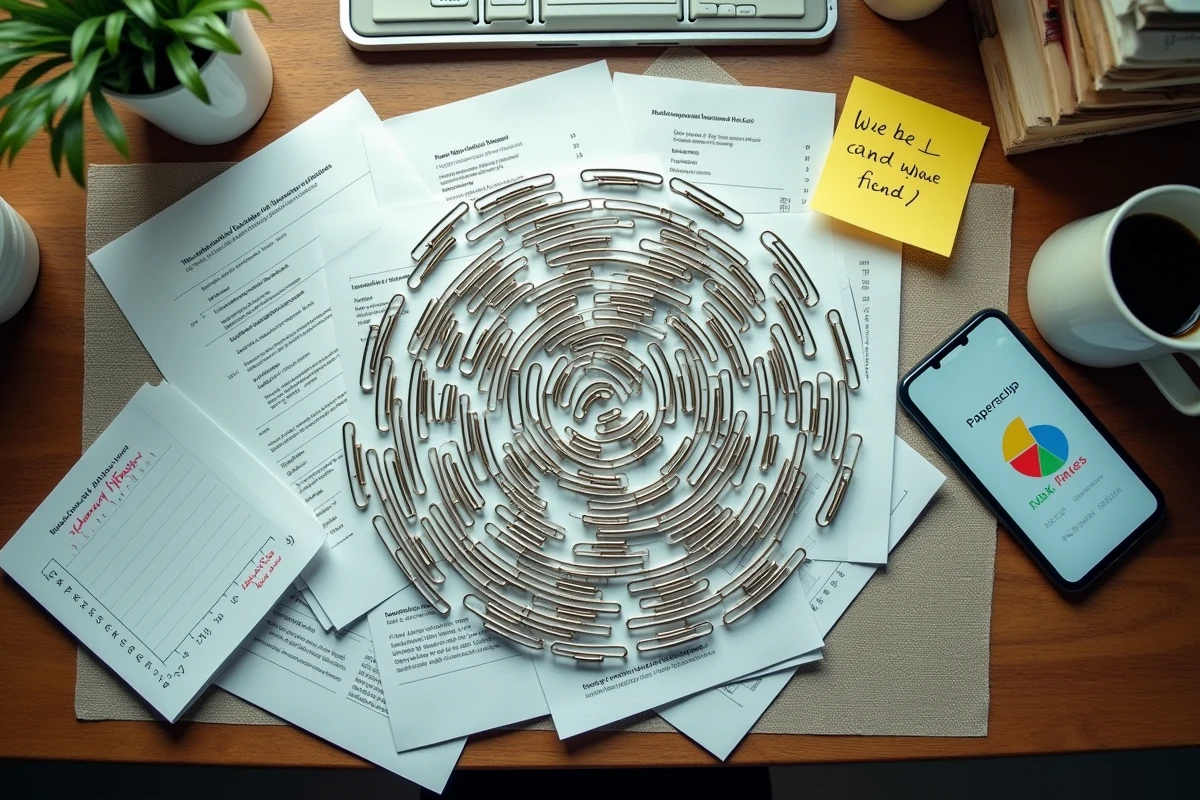 Vue aérienne d'un bureau couvert de trombones disposés en spirale avec des feuilles de calcul et un smartphone montrant une courbe de progression exponentielle